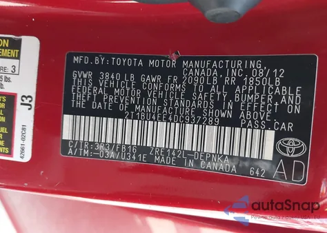 2013 Toyota Corolla Le из США, поврежденный, VIN 2T1BU4EE4DC937289